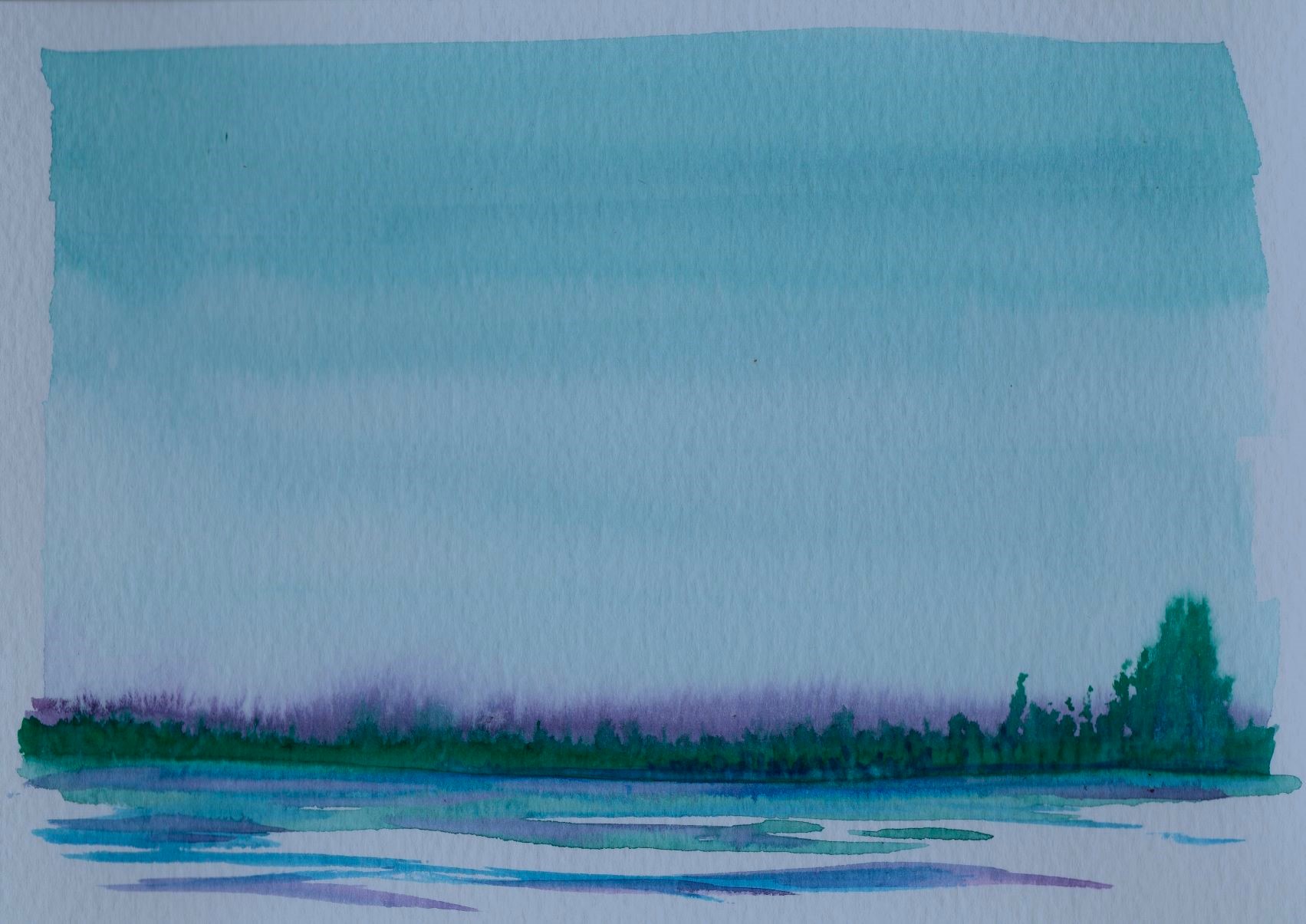 watercolor sky, water, distant trees
